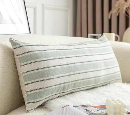 Decorative Boho Lumbar Pillow Covers, Modern Farmhouse Couch Pillowcase, 14 x 36 Long Accent Body Throw Pillow Covers, Sofa Bed Living Room Decor Cushion Case, Green and Beige, Pack of 1