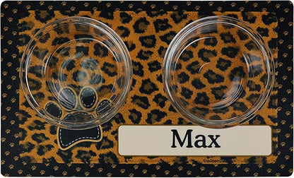 Drymate Personalized Pet Bowl Placemat, Custom Dog & Cat Food Feeding Mat - Absorbent Fabric, Waterproof Backing - Machine Washable/Durable (USA Made) (12" x 20") (Leopard Tan)