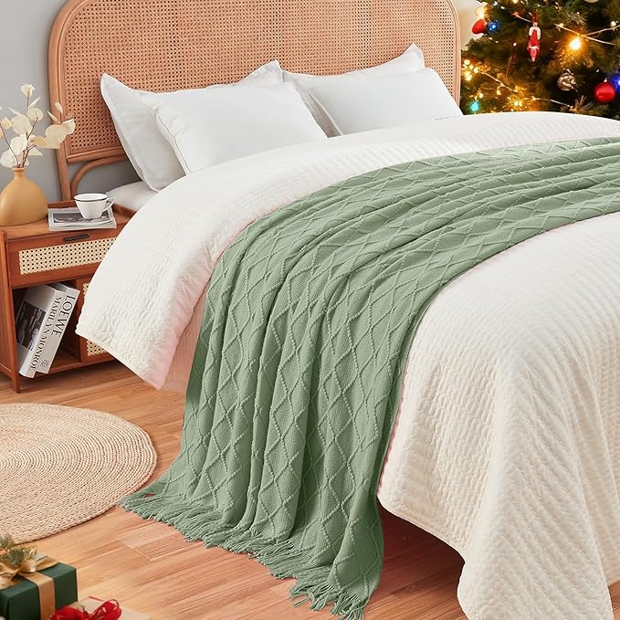 inhand Basil Green Christmas Throw Blanket for Couch, Gifts for Women Soft Living Room Home Decor Knitted Blanket, Outdoor Lightweight Breathable Blanket, Farmhouse Warm Woven Decorative, 50"x60"