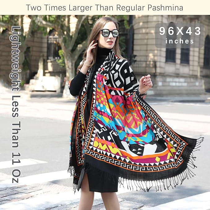 DANA XU 100% Merino Wool Pashmina Shawl for Women 96"x43", Oversized Cashmere Wrap with Tassels, Floral Travel Blanket Cape
