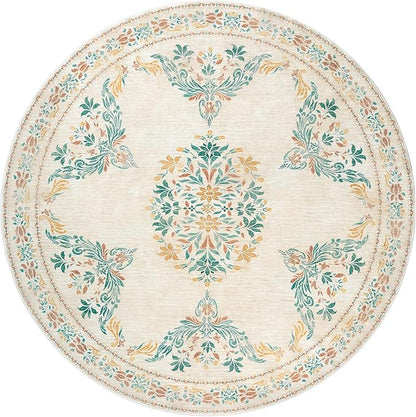 jinchan Round Rug 7ft Area Rug Vintage Floral Distressed Design Machine Washable Soft Non-Slip Low-Pile Ultra-Thin Circle Rug for Living Room Dining Room Bedroom Home Office (7' Round, Apricot Multi)