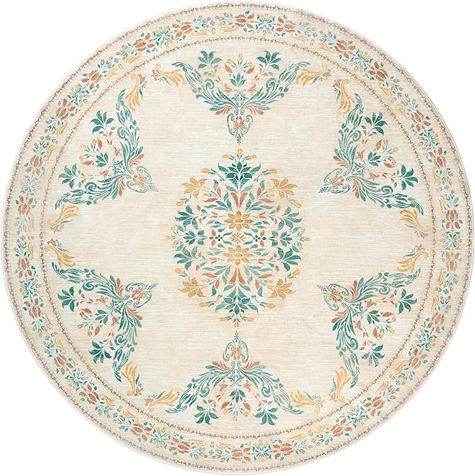 jinchan Round Rug 4ft Area Rug Vintage Floral Distressed Design Machine Washable Soft Non-Slip Low-Pile Ultra-Thin Circle Rug for Entryway Bedside Living Room Kitchen Nursery (4' Round, Apricot Multi)