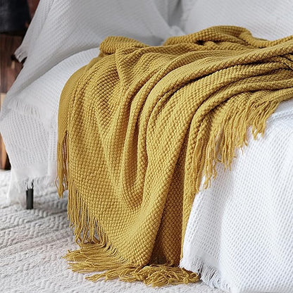 LOMAO Knitted Throw Blanket with Tassels Bubble Textured Lightweight Throws for Couch Cover Home Decor (Mustard Yellow, 50x60)