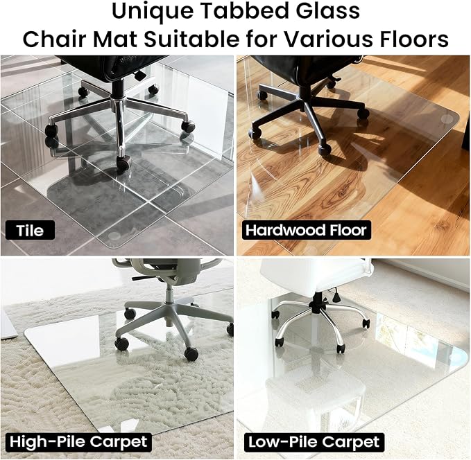 Tempered Glass Chair Mat, 48" x 31" Glass Office Chair Mat, 1/5" Thick Clear Floor Mat with Anti-Slip Pads, Heavy Duty Glass Mat for Carpeted and Hard Floor