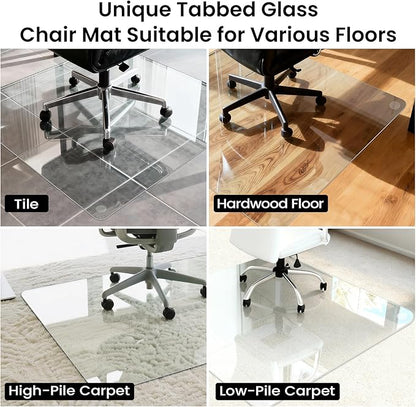 Tempered Glass Chair Mat, 48" x 31" Glass Office Chair Mat, 1/5" Thick Clear Floor Mat with Anti-Slip Pads, Heavy Duty Glass Mat for Carpeted and Hard Floor