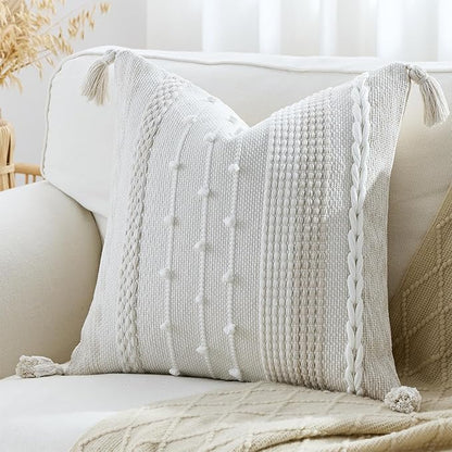 Boho Pillow Cover 18x18 Beige - Handmade Woven Textured Throw Pillow Case with Cordings & Tassels, Decorative Accent for Couch Sofa Farmhouse Living Room Home Decor