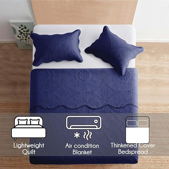 IR Imperial Rooms King Quilt Bedding Set Size (106" x 96") + 2 Pillow Shams (20" x 36"+ 2") - 3 Pcs All Season Lightweight Reversible Microfiber Coverlet Floral Embossed Quilt Bedspread (Blue)