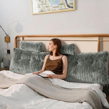 Faux Fur Headboard Pillow Queen Size, Triangular Wedge Backrest with Removable Head Roll & Side Pocket, 100% Linen Reading Pillow for Bed, Couch, Floor - Ergonomic Support for Neck, Back, Dark Grey