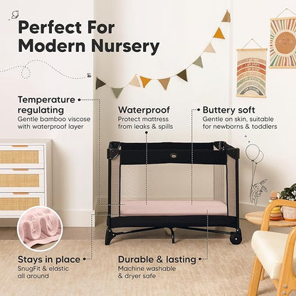 2-Pack Waterproof Pack and Play Sheets, Mini Crib Sheets Fitted for Boy, Girl - 38 x 26 Viscose from Bamboo Pack N Play Mattress Sheets for Graco, Toddler Playard Baby Crib Sheets Neutral (Mist Rose)