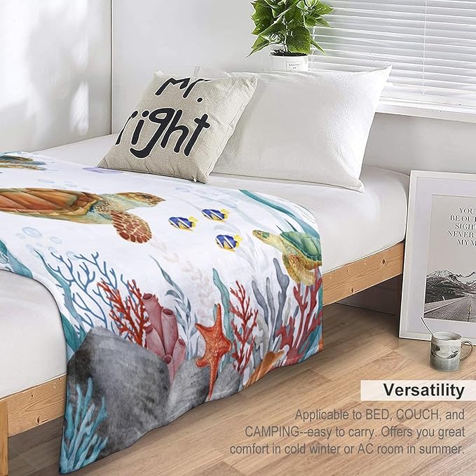 Sea Turtle Throw Blanket, Teal Blue Ocean Underwater Animal Starfish Fish Nautical Coastal Theme Fleece Flannel Blanket for Couch Sofa Bedroom Adults Kids, 60"x80"