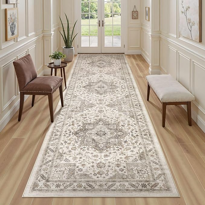 Vintage Hallway Runner Rug 3x12: Large Soft Washable Entryway for Kitchen Laundry Room Non-Slip Backing Runner for Entrance Living Room Bedroom Bathroom - Light Brown