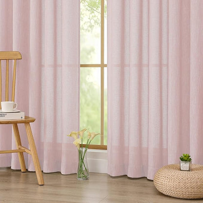 Simplebrand Blush Faux Linen Textured Semi Sheer Curtains 108 Inches Long 2 Panels for Living Room, Privacy Extra Long Light Filtering Farmhouse Thick Window Drapes for Large Window, 50 x 108 Inch