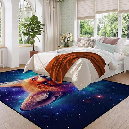6' x 9' Galaxy Fox Rug Large 3D Cute Foxes Space Area Rugs for Bedroom Living Room Playroom Boys Kids Cartoon Colorful Carpet Glitter Stars Throw Rugs Floor Mat,180 X 275cm