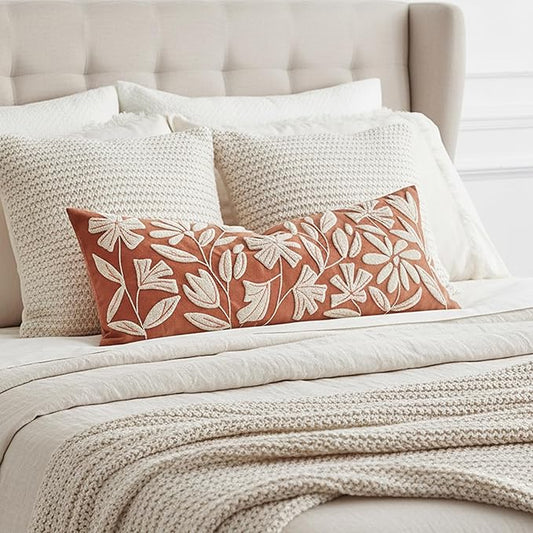 BlissBlush Fall Throw Pillow Cover 14x36 Long Lumbar Throw Pillow for Bed, Rust Brick Red Soft Velvet Accent Farmhouse Body Lumbar Throw Pillowcase for Bedroom Sofa Couch, Home Décor