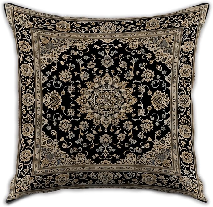 Vintage Boho Floral Print Throw Pillow Cover 18x18 - Brown, Black - Retro Rust Floral Decor Pillowcase | Indoor Outdoor Cushion Case for Sofa Bed Living Room Bedroom Home (Beige&Black, 18x18inch)