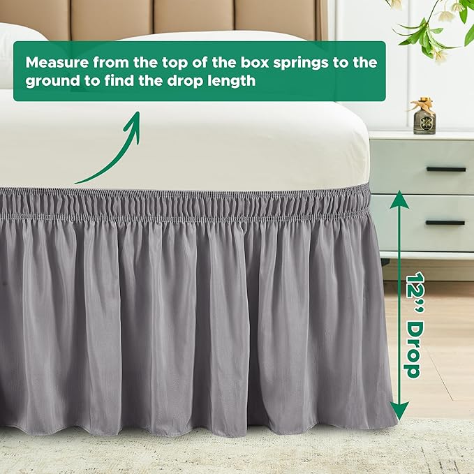 Biscaynebay Wrap Around Bed Skirts for Full & Full XL Beds Short Drop of 12", Silver Grey Adjustable Elastic Dust Ruffles Easy Fit Wrinkle Resistant Silky Luxurious Fabric Machine Washable