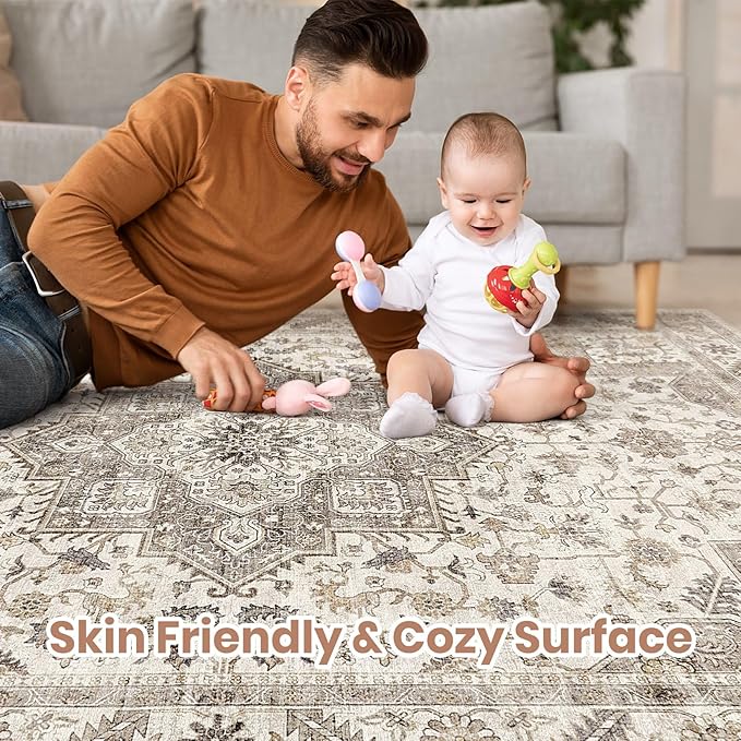 Vintage Living Room Area Rug 8x10 - Large Soft Washable Oriental Traditional Distressed Farmhouse Rugs for Bedroom - Indoor Floor Accent Carpet for Home Office House Decor - Light Brown