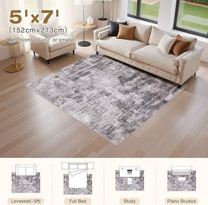 Abstract Living Room Rug 5x7 - Modern Washable Soft Thin Area Rug for Living Room Bedroom Under Dining Table - Neutral Indoor Floor Rug Carpets for Home Office Playroom Nursery - Grey