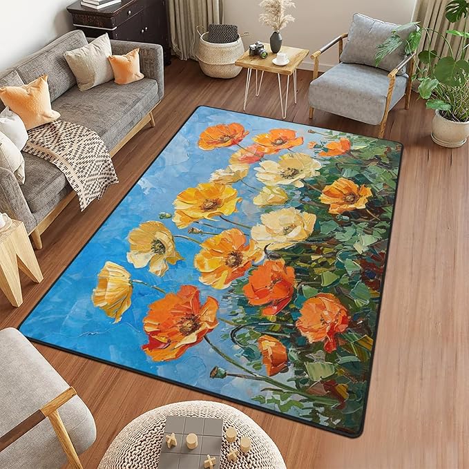 9CH Abstract Poppy Area Rug 7' X 5' Orange Yellow Poppies Rugs Non-Slip & Easy Care Flower Carpet for Living Room Kitchen Farmhouse Dorm Home Decor