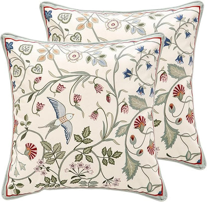 Square Throw Pillow Covers Pack of 2,Green Cozy Velvet Farmhouse with Birds and Flowers Pattern Pillowcases,Decoration Pillows Cushion Covers for Couch Sofa Bed Car Chair,18"x18"