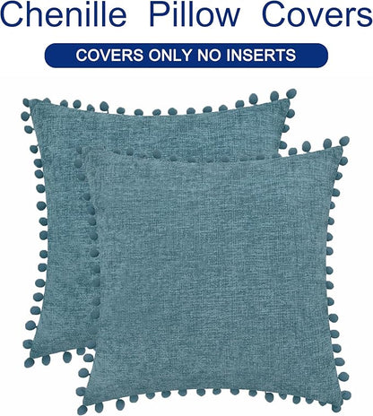CaliTime Throw Pillow Covers Decorative 16 X 16 Inches Pack of 2 Cozy Solid Dyed Soft Chenille Cushion Cases with Pom Poms for Couch Sofa Bed Living Room Home Smoke Blue