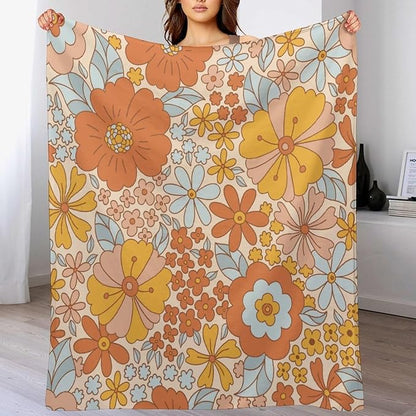 Retro 70s Floral Blanket, Hippie Summer Groovy Flower Power Flower Boho Print Throw Blanket for Couch Sofa Couch Chair 30"x40"