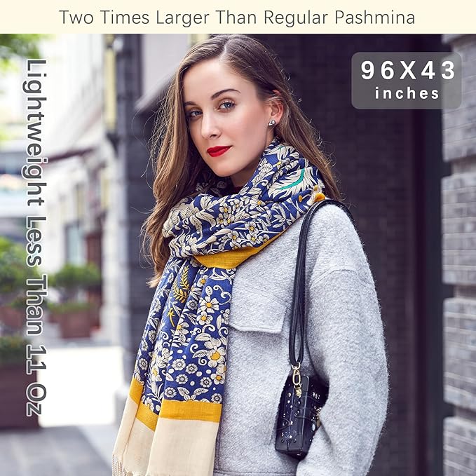 DANA XU 100% Merino Wool Pashmina Shawl for Women 96"x43", Oversized Cashmere Wrap with Tassels, Floral Travel Blanket Cape