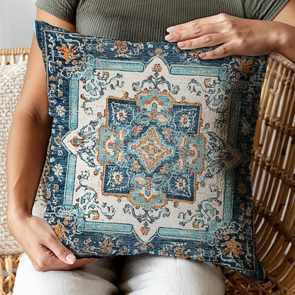 Vintage Boho Floral Print Throw Pillow Cover, Orange, Blue - Retro Rust Floral Decor Pillowcase, Indoor Outdoor Cushion Case for Sofa Couch Bed Living Room Bedroom Home (Blue&White, 18x18inch)