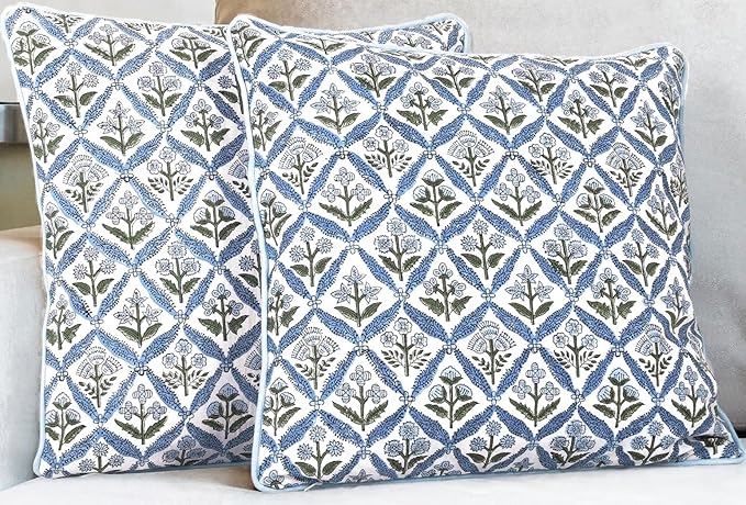 SheetKart Cotton Throw Pillow Covers - Set of 2 - Hand Block Cotton Printed Boho Decorative Pillow Covers - Cushion Covers for Living Room, Bohemian Theme, 19x19 Inches, Floral Blue