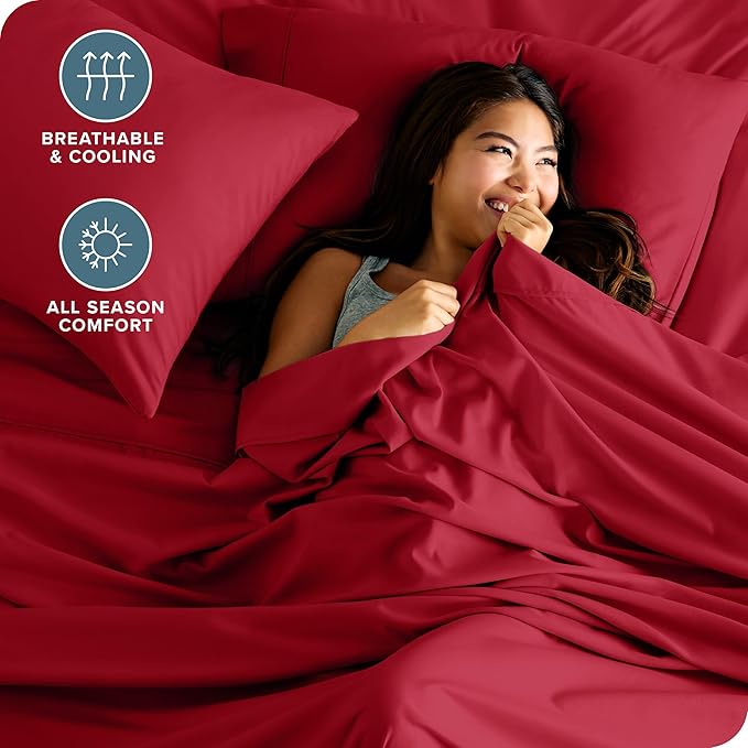 Bare Home Full XL Sheet Set - Luxury 1800 Ultra-Soft Microfiber Full Extra Long Bed Sheets - Double Brushed - Deep Pockets - Easy Fit - 4 Piece Set - Bedding Sheets & Pillowcases (Full XL, Red)