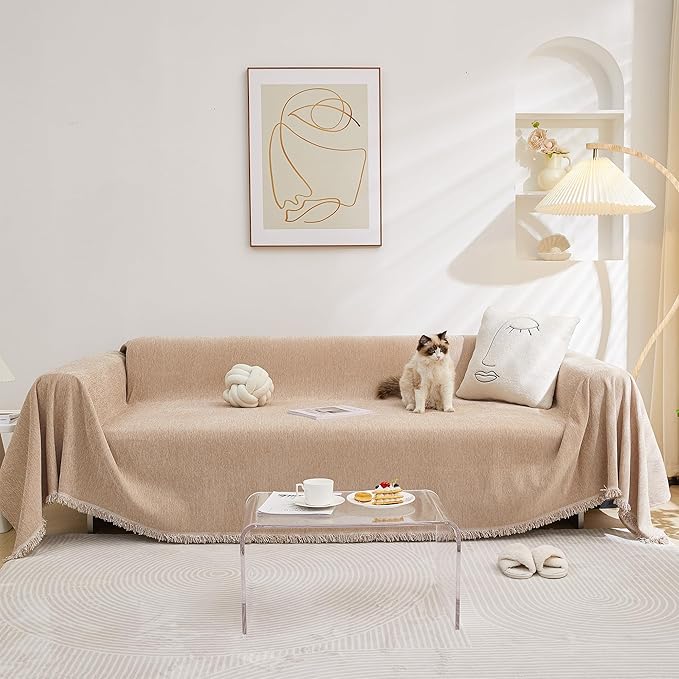 MEETSKY L Shaped Couch Covers for 2 Cushion Couch Sofa Sectional Sofa Covers Sofa Slipcovers Washable Soft Chenille Blend Modern Home Decorative Furniture Protector, 91" x 118", Khaki
