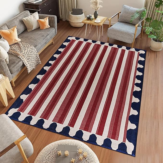 9CH Red White Stripes Area Rug 7' X 5' Navy Blue Modern Geometric Lines Faux Wool Rugs Soft Non-Slip Vintage American Flag Carpet for Bedroom Dining Room Office
