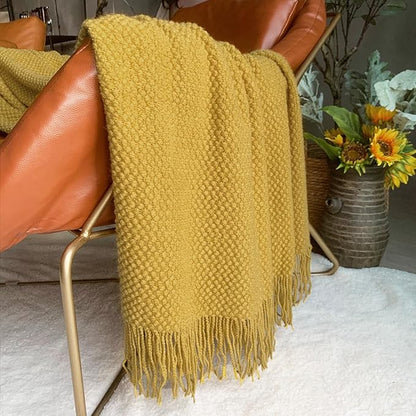 LOMAO Knitted Throw Blanket with Tassels Bubble Textured Lightweight Throws for Couch Cover Home Decor (Mustard Yellow, 50x60)