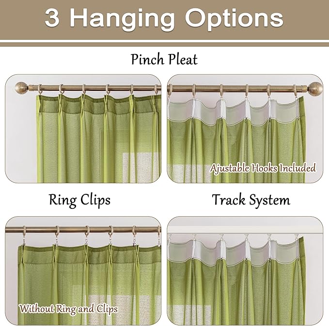 MAIHER Sage Green Pinch Pleat Sheer Curtains 84 Inch Length for Bedroom Soft Touch Lightweight Light Filtering Pleated Drapes with Ajustable Hooks (No Rings), Sage Green, 42" W x 84" L, 2 Panels