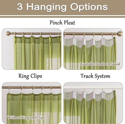 MAIHER Sage Green Pinch Pleat Sheer Curtains 90 Inch Length for Bedroom Soft Touch Lightweight Light Filtering Pleated Drapes with Ajustable Hooks (No Rings), Sage Green, 42" W x 90" L, 2 Panels