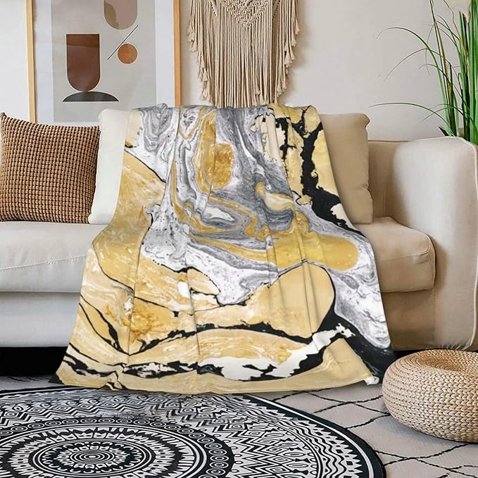 HGOD DESIGNS Gold Golden and Silver Marble Ink Abstract Painting Flannel Fleece Bed Blanket Throw Blanket Lightweight Cozy Plush Blanket for Bedroom Living Rooms Sofa Couch 40"x50"