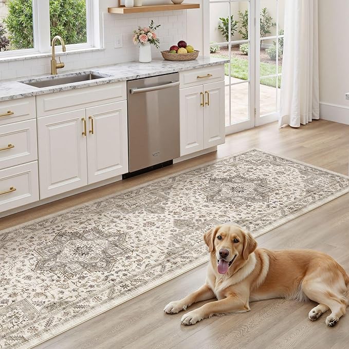 Vintage Hallway Runner Rug 3x10: Large Soft Washable Entryway for Kitchen Laundry Room Non-Slip Backing Runner for Entrance Living Room Bedroom Bathroom - Light Brown
