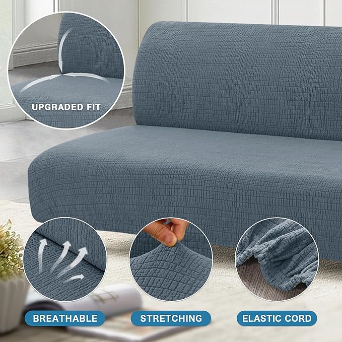H.VERSAILTEX 100% Waterproof Stretch Futon Slipcover Armless Sofa Cover Furniture Protector Without Armrests Slipcover Soft with Elastic Bottom for Kids, Spandex Jacquard Small Checks, Stone Blue