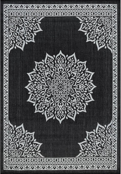 CAMILSON Indoor Outdoor Rug, 10x14 Medallion Black White Modern Area Rugs for Large Indoor and Outdoor Patios, Kitchen and Hallway Mats, Washable Porch Deck Outside Carpet (Medallion Black, 10 x 14)