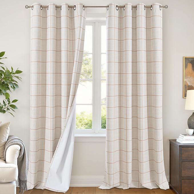 Plaid Patterned Curtains Thermal Insulated - 96 Inches Extra Long Total Linen Blackout Curtains for Living Room, Boho Drapery for Farmhouse Bedroom 52x96 Inch 2 Panels, Terracotta