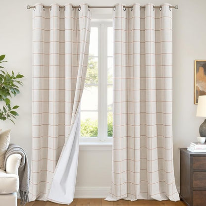 Plaid Patterned Curtains Thermal Insulated - 96 Inches Extra Long Total Linen Blackout Curtains for Living Room, Boho Drapery for Farmhouse Bedroom 52x96 Inch 2 Panels, Terracotta