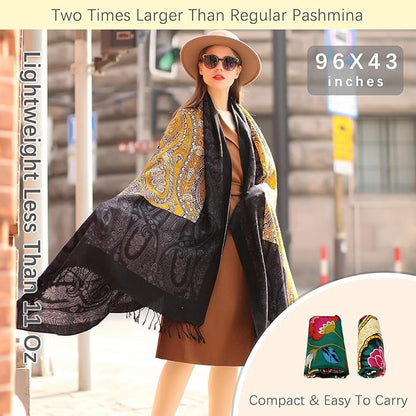 DANA XU 100% Merino Wool Extra Large Pashmina Blanket Travel Scarf Cashmere Wrap for Women Fall Winter Oversize Shawl Floral