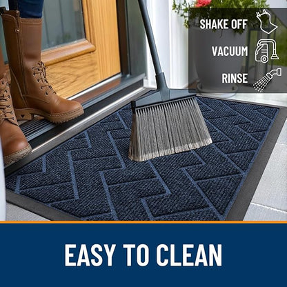 OLANLY Front Door Mat Indoor Outdoor Entrance, Waterproof All-Season, All-Weather Doormat, Sturdy Natural Rubber, Low Profile, Easy Clean Patio Porch Entryway Mat, Herringbone Brick (Blue, 71x47)