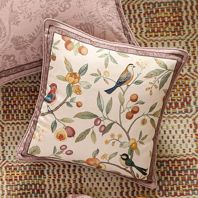 Square Pink Farmhouse Throw Pillow Covers Pack of 2,Birds and Flowers Pattern Cozy Velvet Pillowcases,Decoration Pillows Cushion Covers for Couch Sofa Bed Car Chair,18"x18"