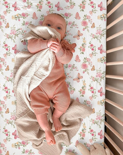 Bassinet Sheet for Baby Boy and Girl 2 Pack, Fitted Sheets for Rectangle, Oval, Hourglass Bassinet Mattress, Muslin Moses Basket Sheets with Neutral Style (Butterfly & Beige)