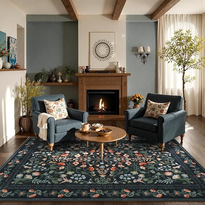 Lahome Floral Washable Area Rugs 8x10, Non-Slip Living Room Carpet Soft Tumble Washable Rugs for Bedroom Nursery, Vintage Botanical Print Carpet for Classroom Kids Room Dining Room, Black