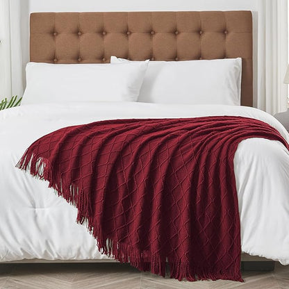 inhand Knitted Throw Blankets for Couch and Bed, Soft Cozy Knit Blanket with Tassel, Claret Lightweight Decorative Blankets and Throws, Farmhouse Warm Woven Blanket for Men and Women, 60"x80"