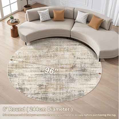 8ft Round Area Rug for Living Room: 8x8 Washable Neutral Abstract Modern Soft Rugs Non Slip Indoor Floor Stain Resistant Carpet for Bedroom Dining Room Office Nursery - Golden Brown