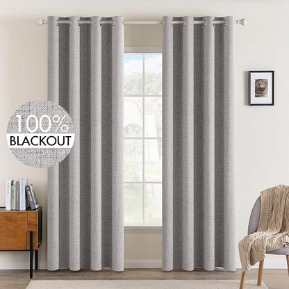 MIULEE Linen Texture 90 Inches Curtains for Bedroom 100% Blackout Thermal Insulated Light Gray Curtains Grommet Room Darkening Drapes for Living Room Nursery 52x90 Inch (2 Panels)