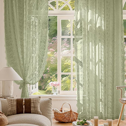Anmao Vintage Lace Curtains 72 Inches Long 2 Panels Set, Romantic Elegant Light Filtering Semi Sheer Floral Thick Lacy Curtain Drapes for Living Room and Bedroom, Each Panel 55W x 72L, Dry Grass Green